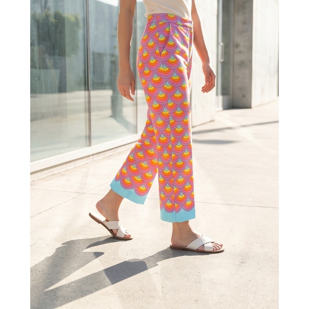 Trina Turk 4 Overhead Pant‎ Scallop Geometric Cropped Wide Leg Pink Orange NWT
